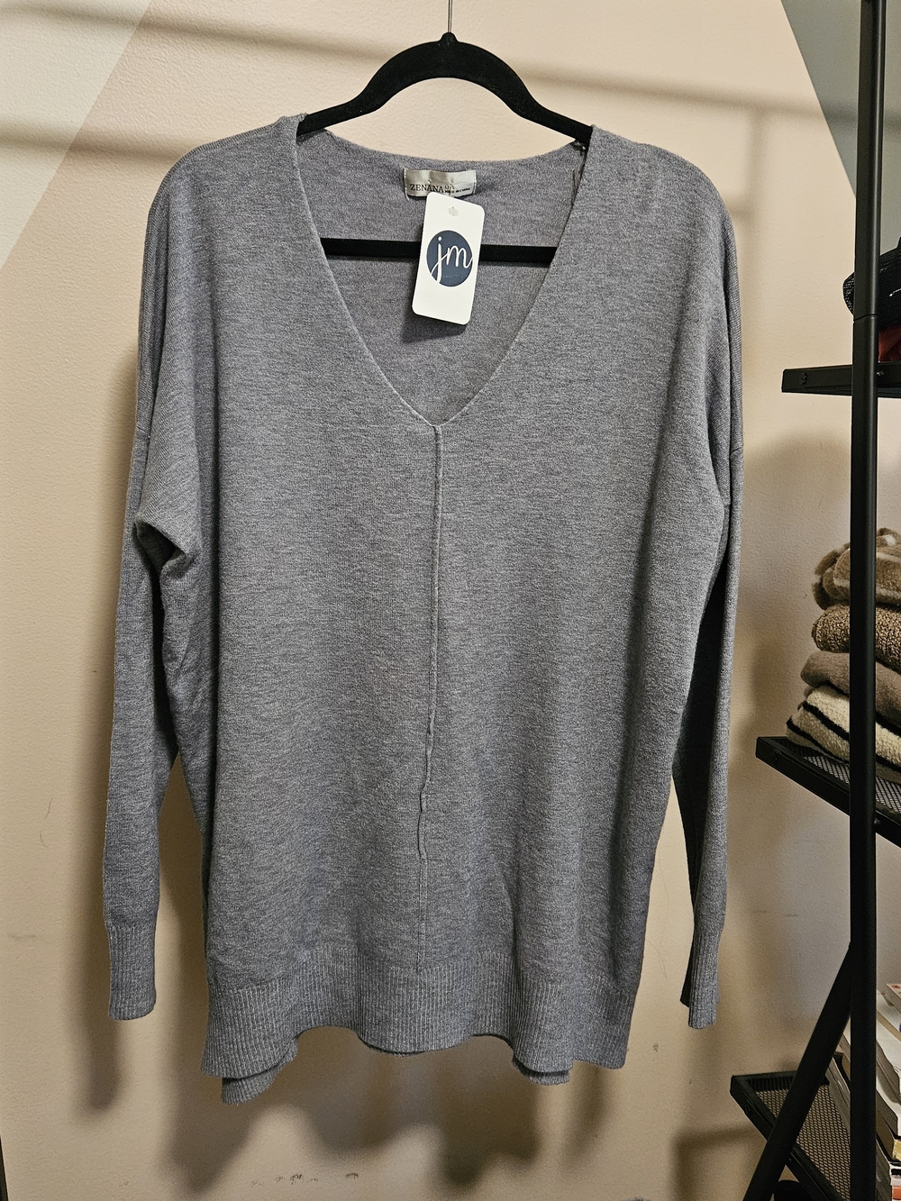Zenana V-Neck Sweater, Gray, Size L/XL NWT